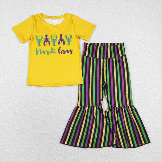 Happy Mardi Gras Yellow Print Stripe Bell Pants Girls Set