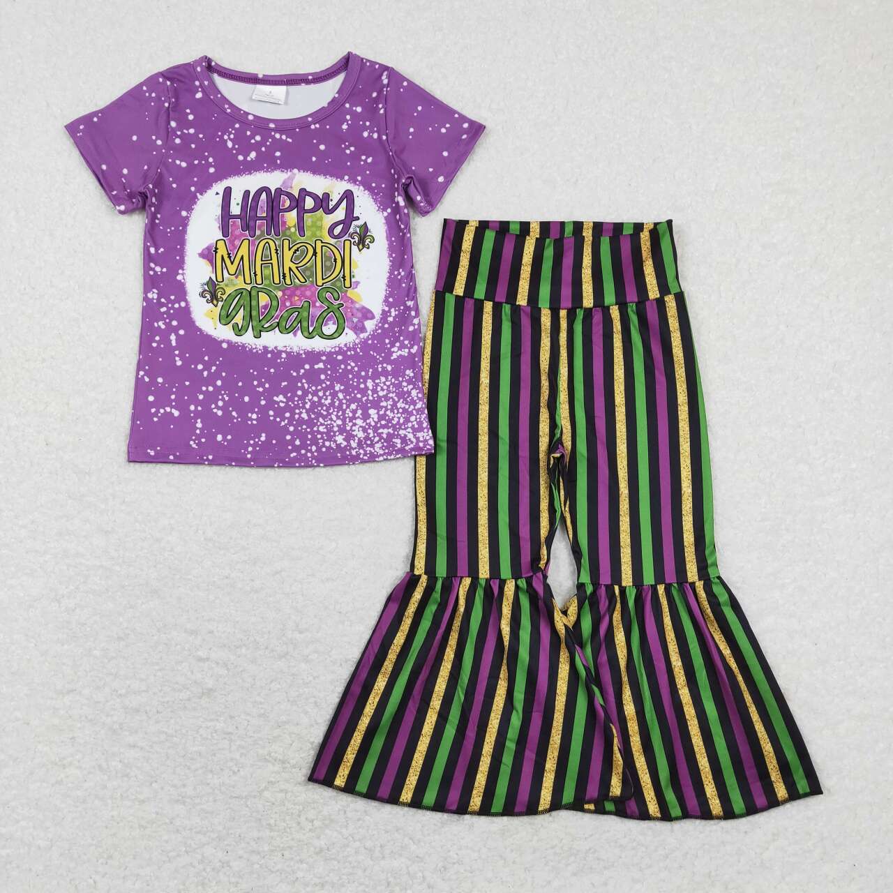 Happy Mardi Gras Purple Print Stripe Bell Pants Girls Set