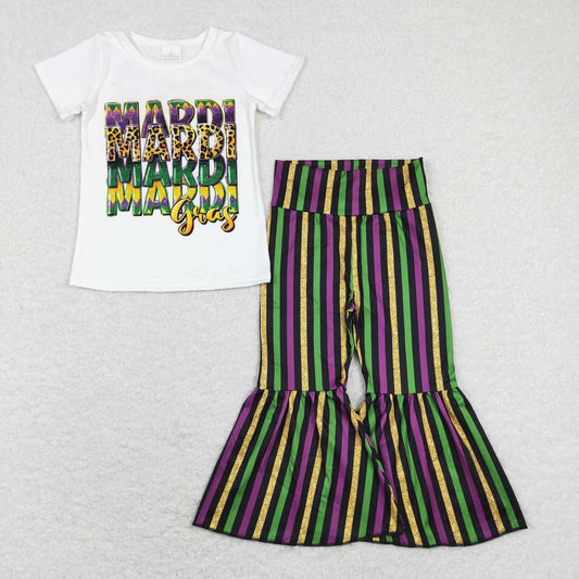 Happy Mardi Gras White Print Stripe Bell Pants Girls Set