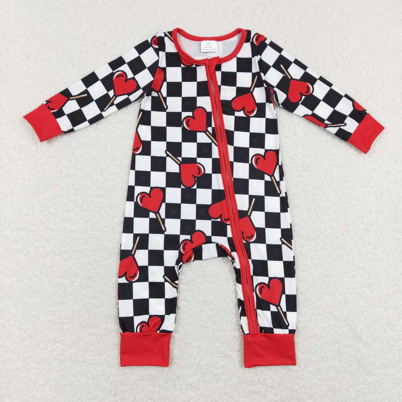 Valentine's Day black and white plaid Long Sleeve Baby Romper