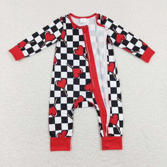 Valentine's Day black and white plaid Long Sleeve Baby Romper
