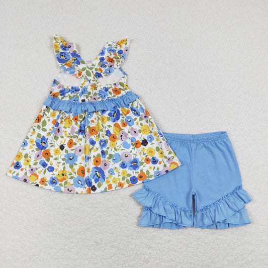 Blue floral Short Sleeve Girls Set