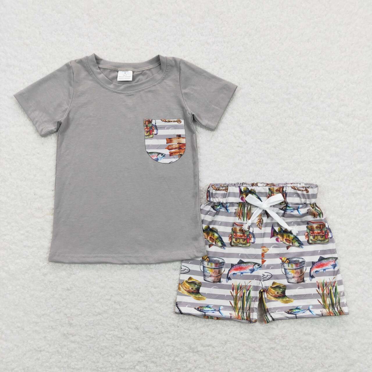 Grey Fish Print Short Boy Set