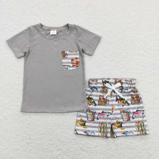 Grey Fish Print Short Boy Set
