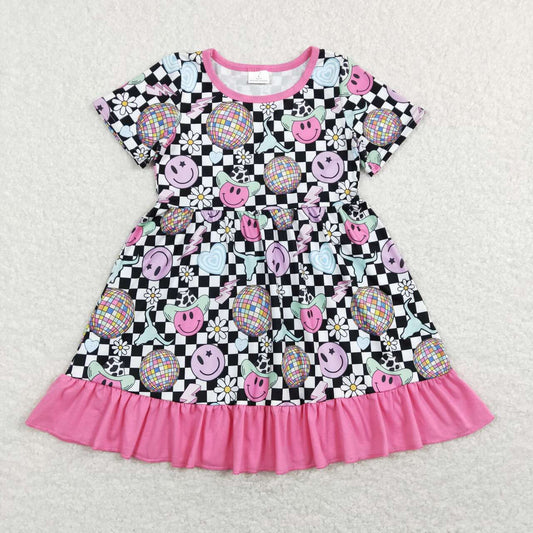 black and white plaid smile Print Short Sleeve Girls dress