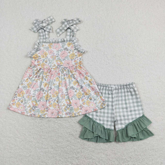 floral Green Plaid Girls Set