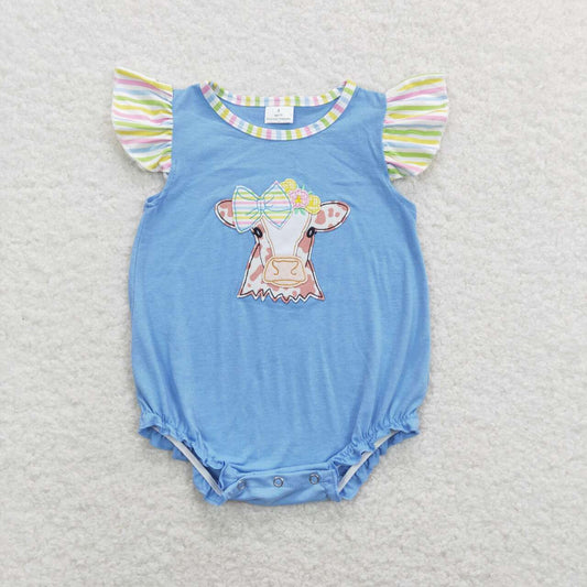 Blue Embroidered flower Cow Baby Romper