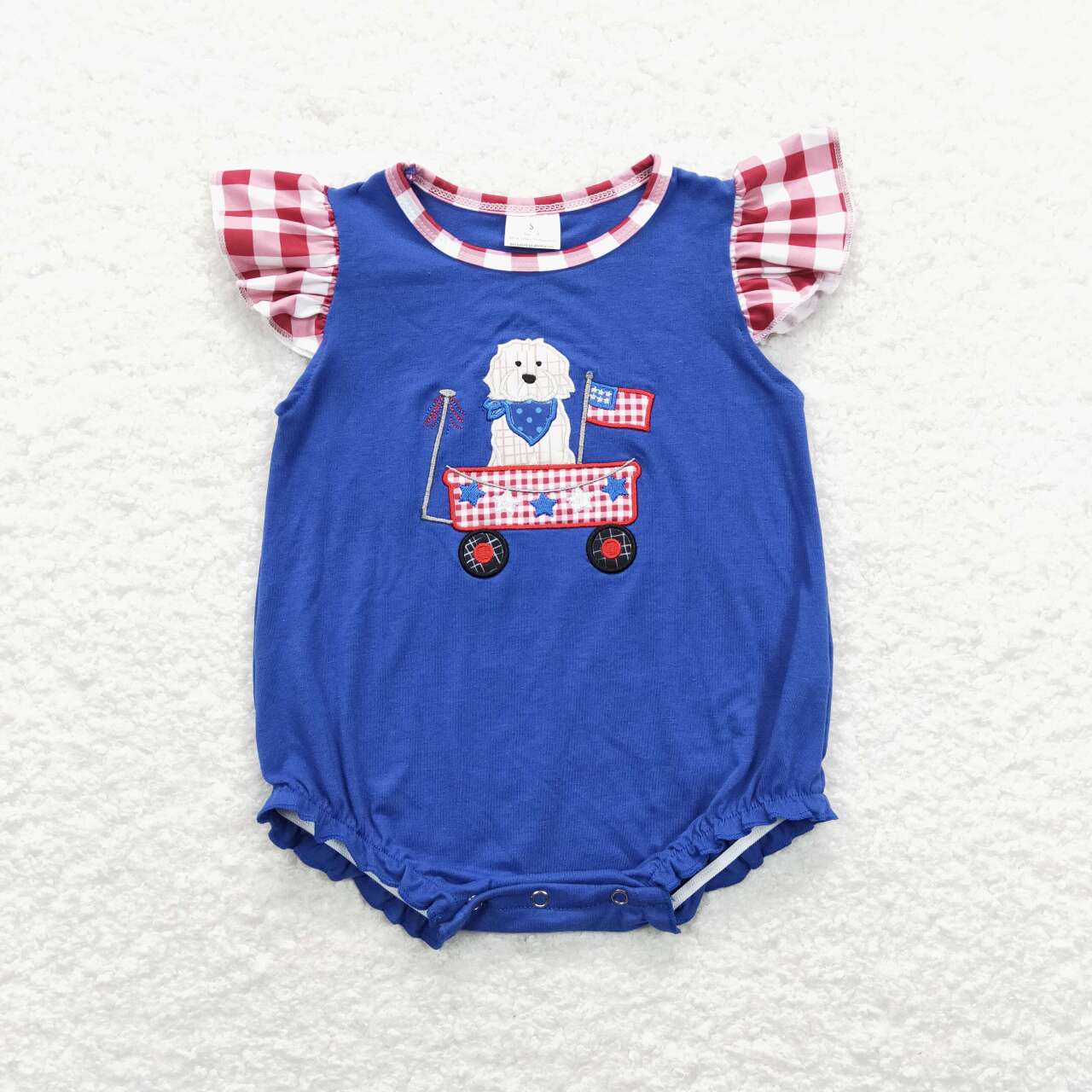 Blue Embroidered July of 4th Girls Baby Romper