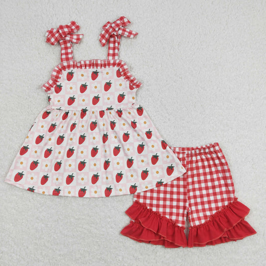 strawberry Short sleeve Green Plaid Girls Set