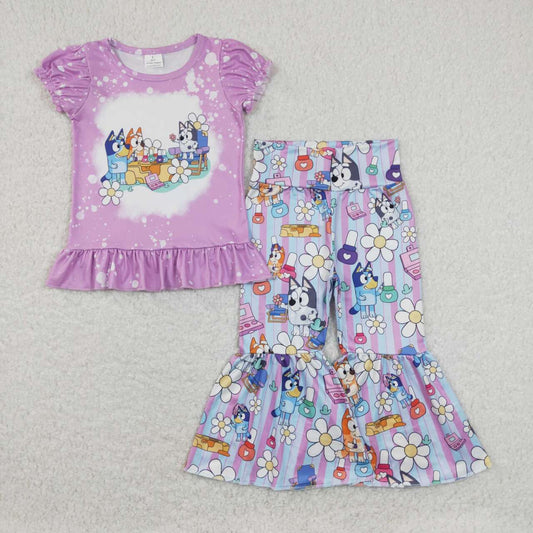 purple flower dog Cartoon Bell Pants Girls Set