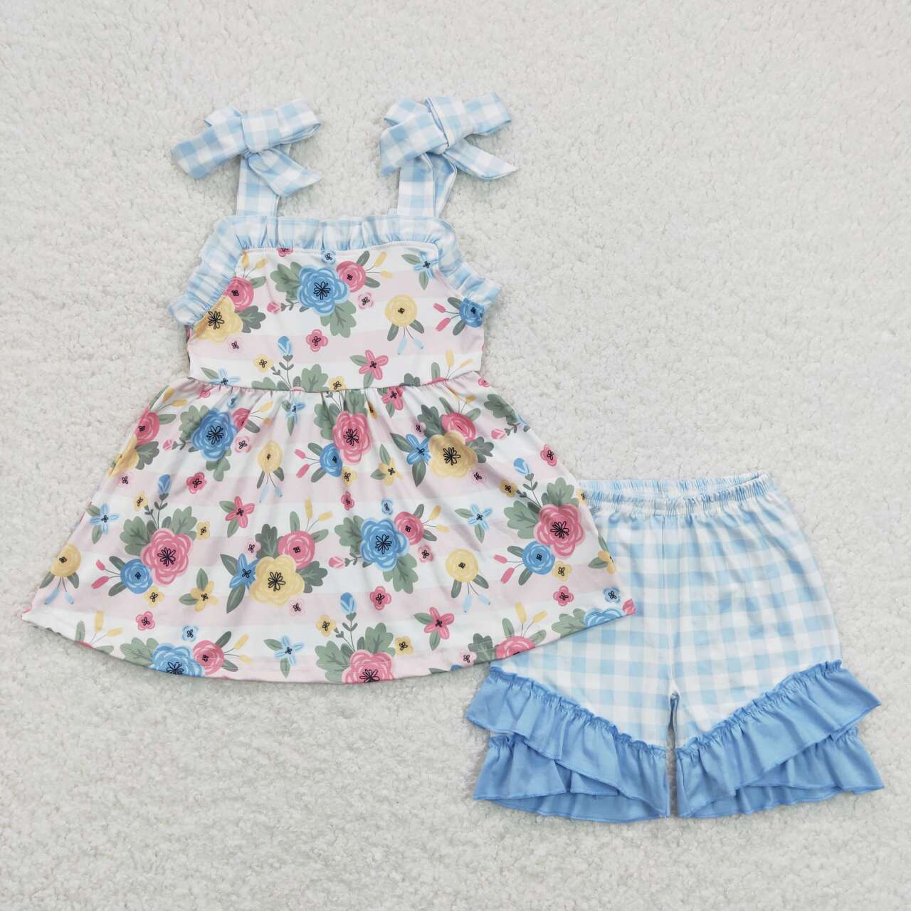 floral blue plaid Girls Set