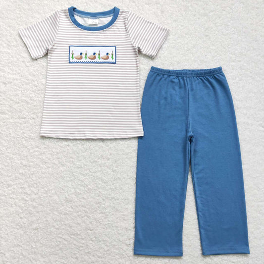Embroidered Blue stripe duck Print Boy Set