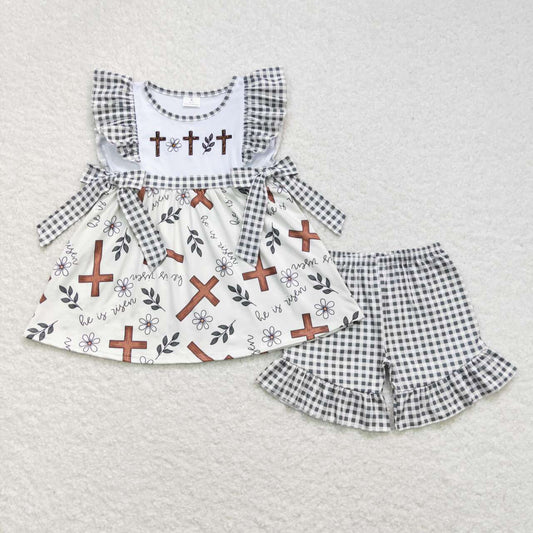 Easter Embroidery cross Short sleeve Girls Set