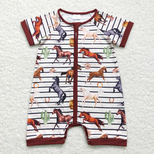 horse Print Short Sleeve With Zipper Baby Romper