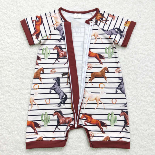 horse Print Short Sleeve With Zipper Baby Romper