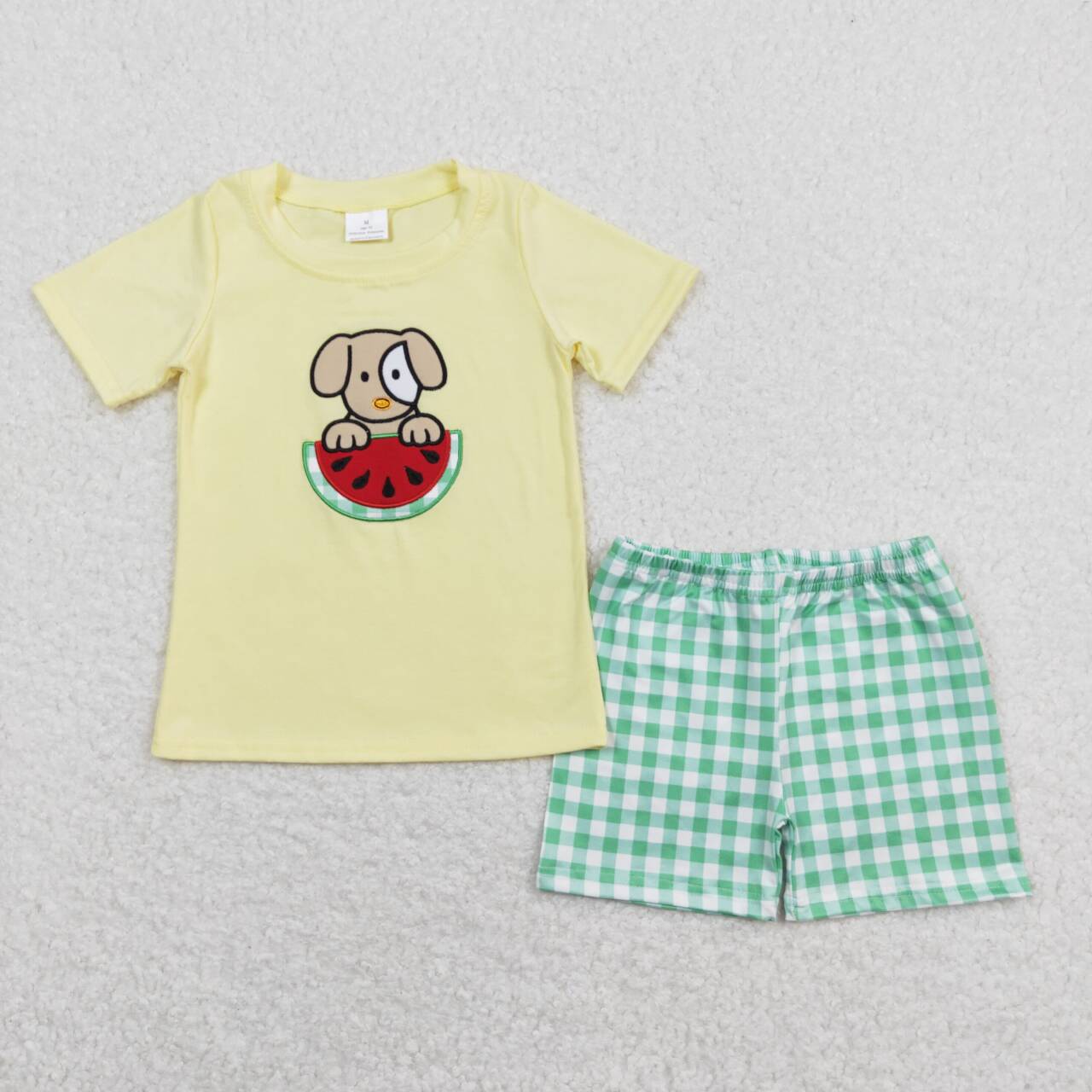 Yellow embroidered watermelon dog plaid boy set