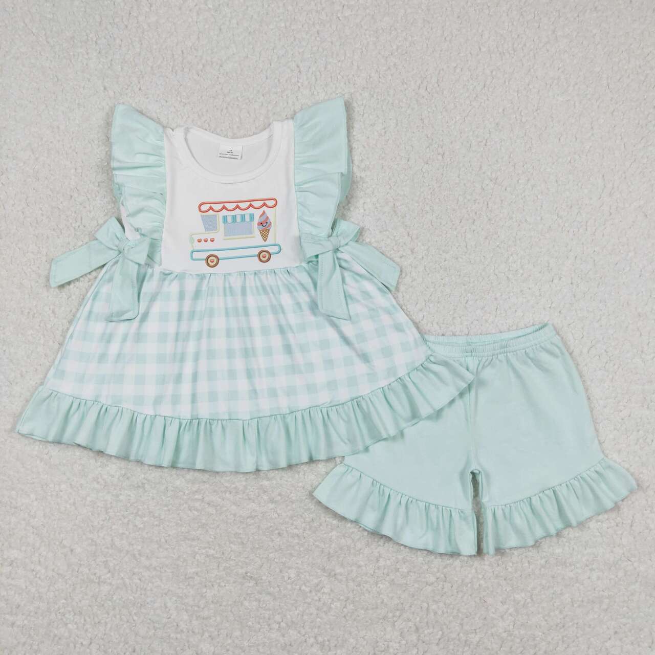 Blue plaid ice cream embroidered  Girls Set