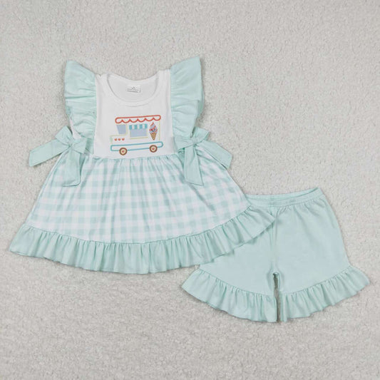 Blue plaid ice cream embroidered  Girls Set