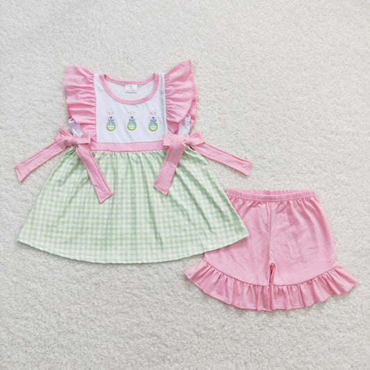 Easter Bunny embroidery Green plaid Girls Outfits Set