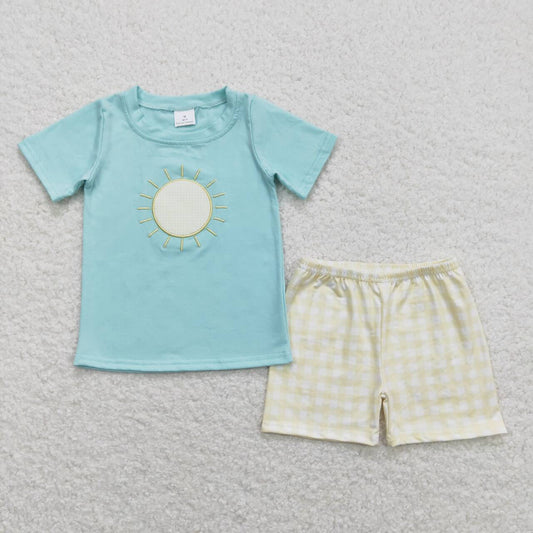 blue embroidered plaid boy set