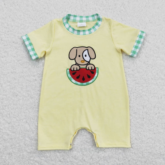 Yellow watermelon embroidered plaid Short Sleeve Boy Baby Romper