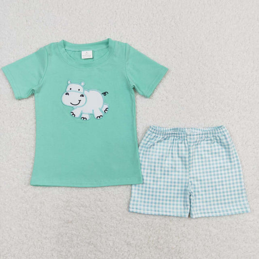 Blue embroidered cow plaid short sleeve boy set