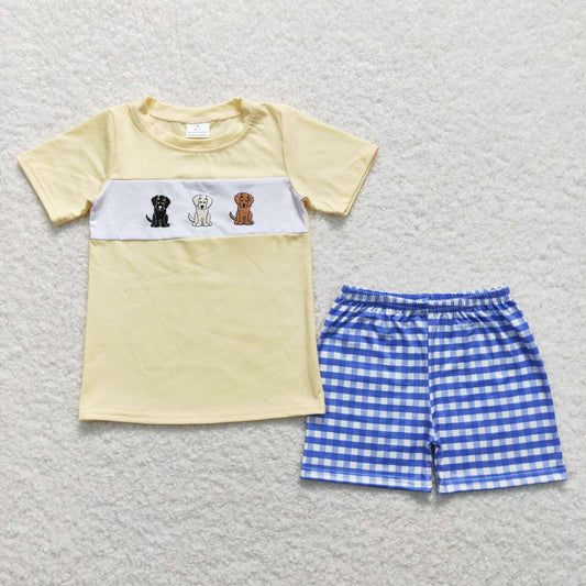 embroidered dog plaid short sleeve boy set