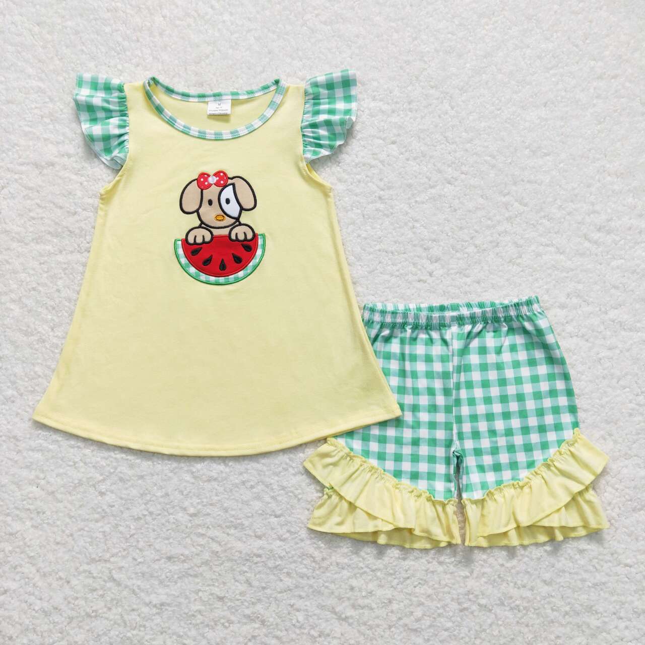 Yellow embroidered watermelon dog plaid Girls set