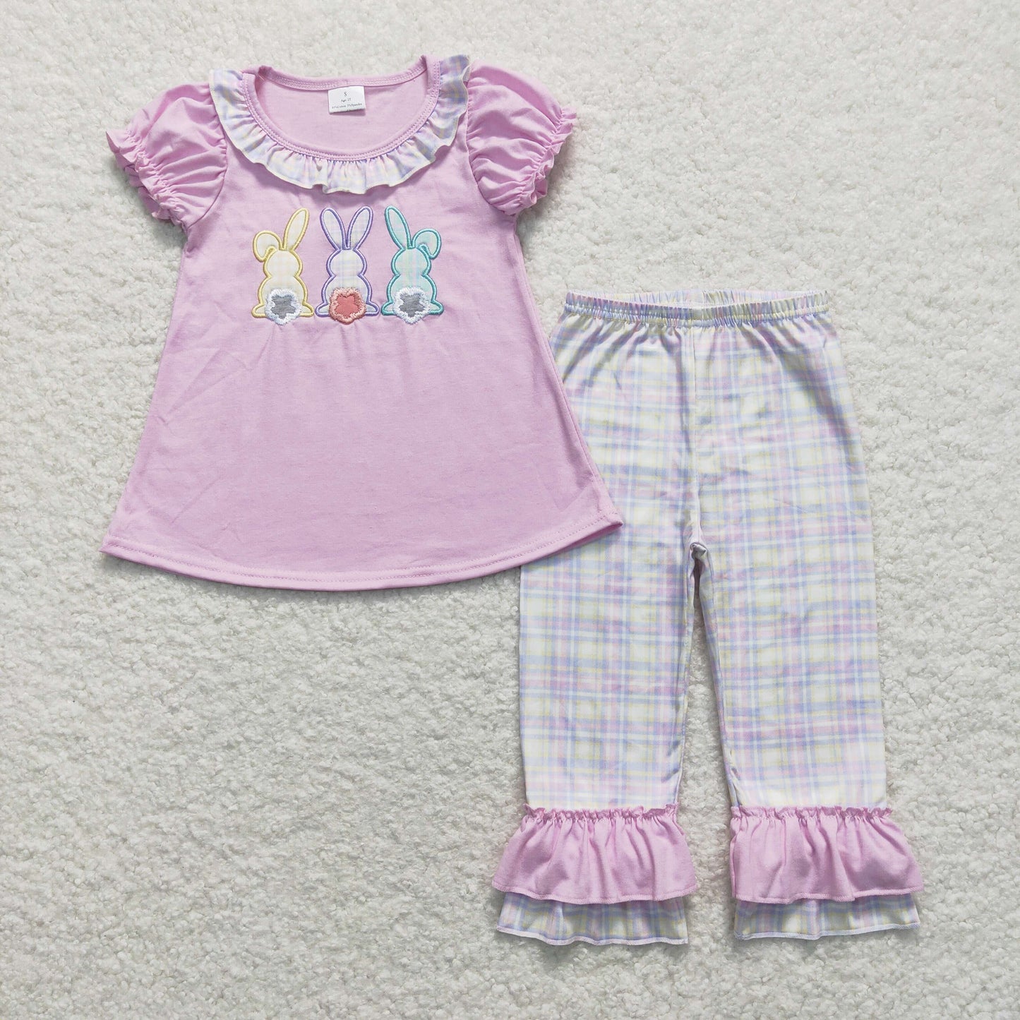 Easter purple bunny embroidery short sleeve Blue Stripe Print Girls Set