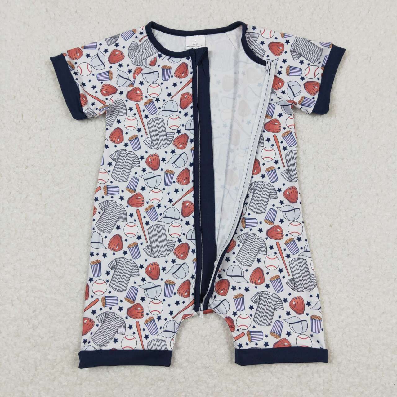 baseball Print Short Sleeve With Zipper Baby Romper