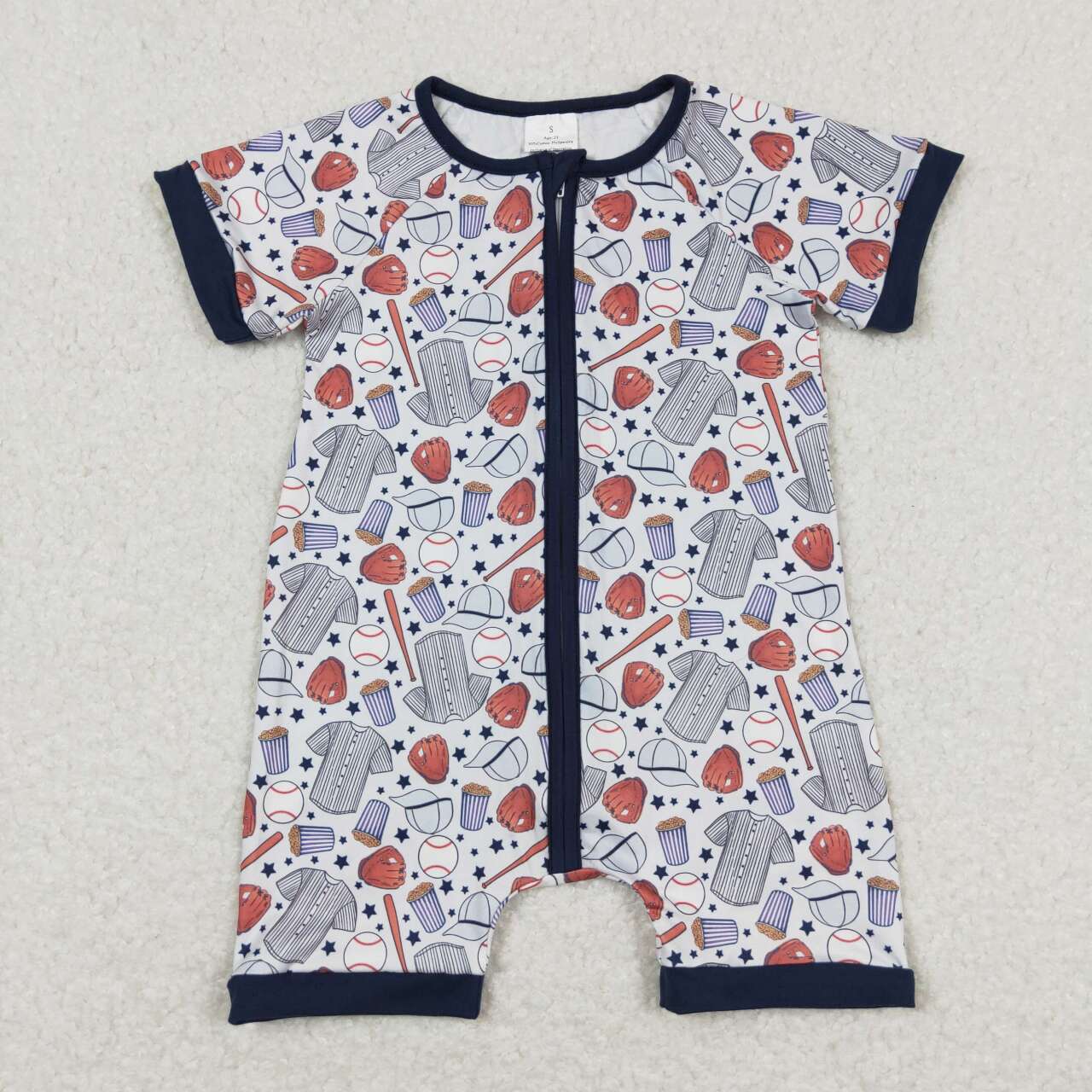 baseball Print Short Sleeve With Zipper Baby Romper