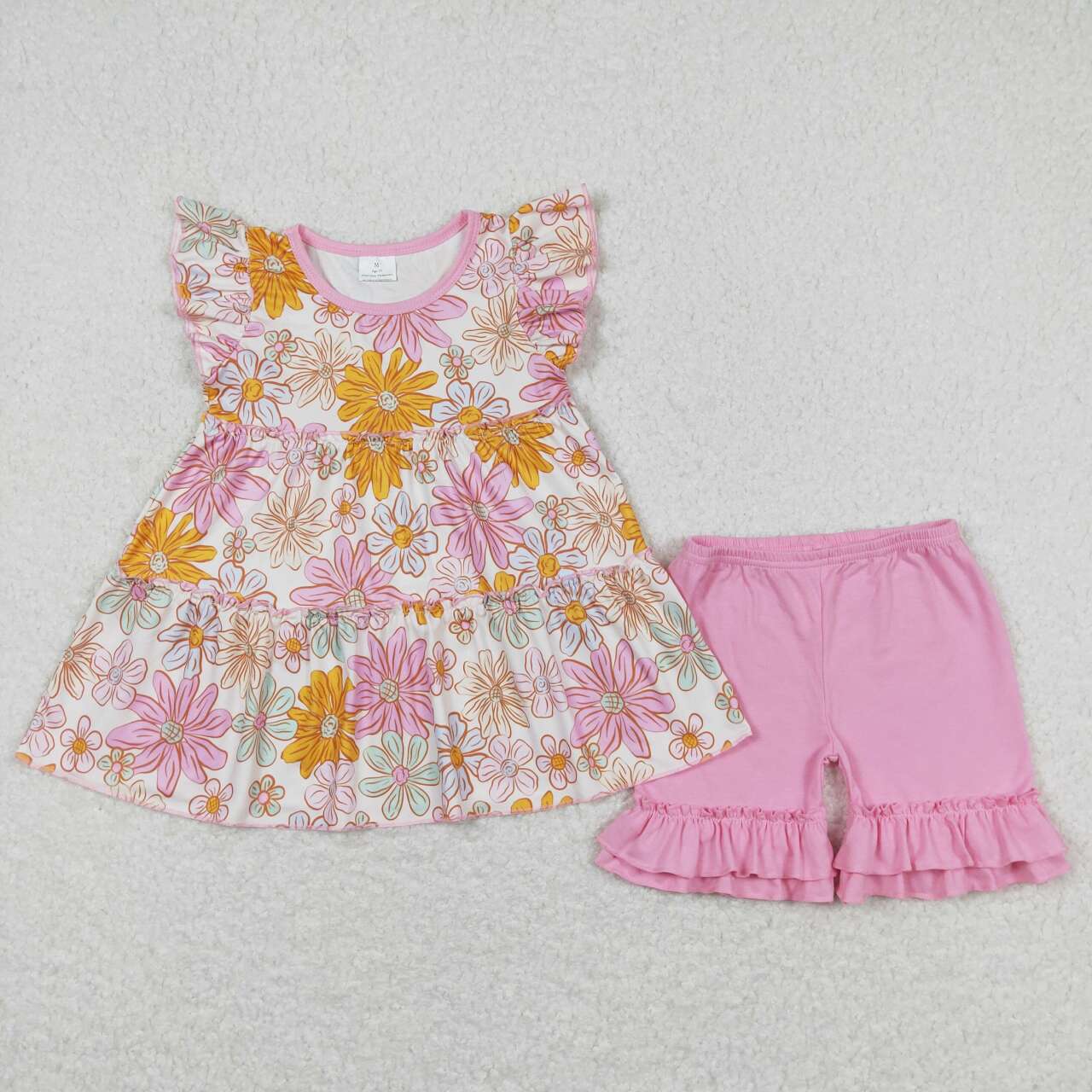 Pink flower tier short Girls Set