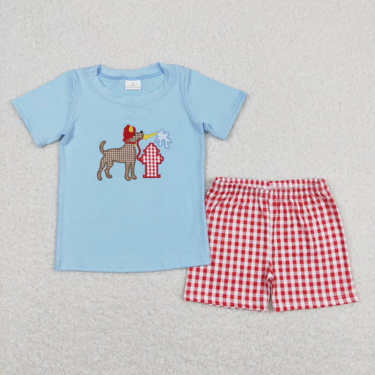 blue Embroidered dog Plaid Boy Set