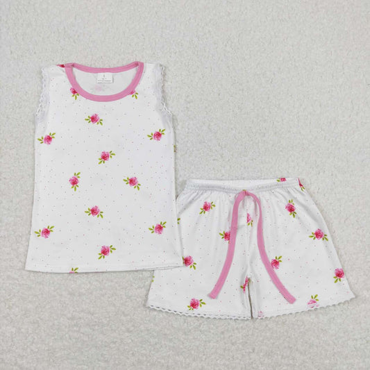 pink flower sleeveless Summer Girls Set