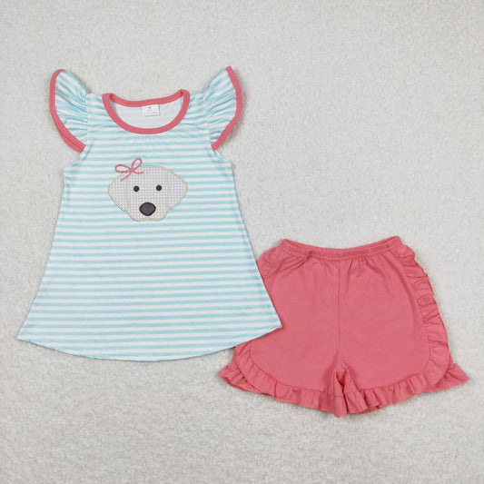 stripe embroidered dog Girls set