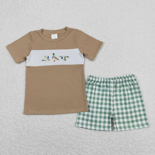 brown duck embroidered green plaid boy set