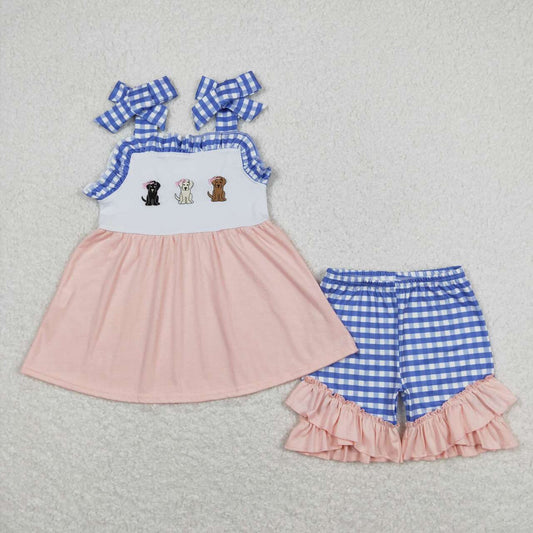 pink embroidery dog blue plaid Girls Set