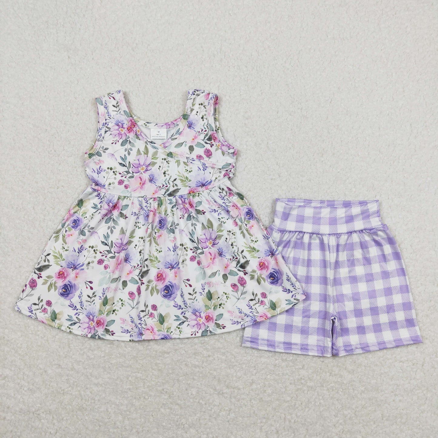 purple flower plaid Summer Girls Set