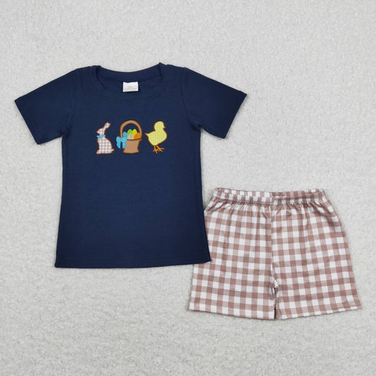 Easter navy embroidered egg plaid boy set