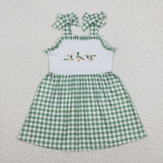 Embroider duck Green plaid Print Short Girls Dress