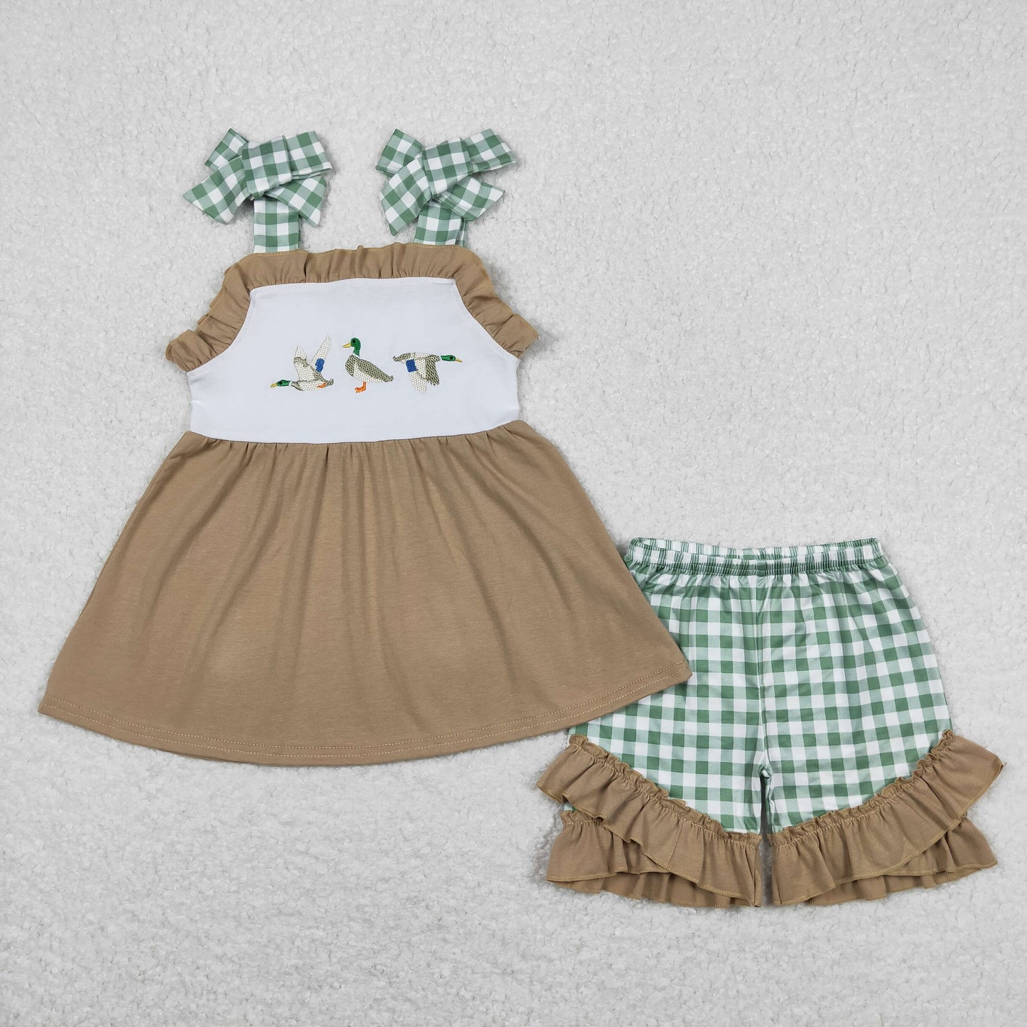 brown duck embroidered green plaid Girls set