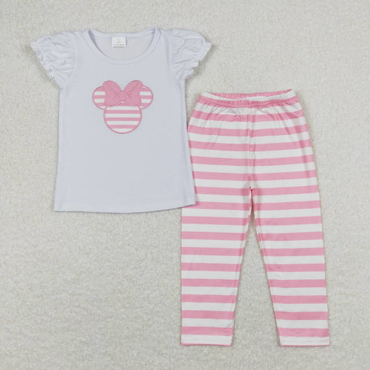 Cartoon embroidery short sleeve Print stripe Girls Set