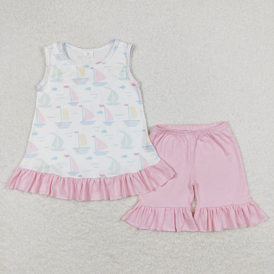 Sailboat Sleeveless Pink Summer Girls Set