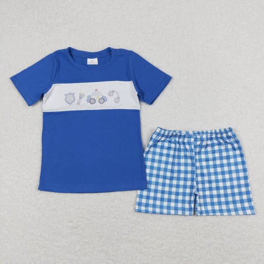 Blue plaid embroidery boys suit