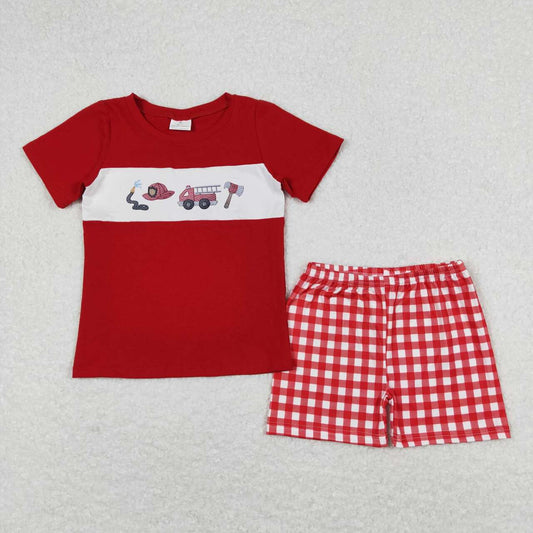 Blue plaid embroidery fire truck boys suit