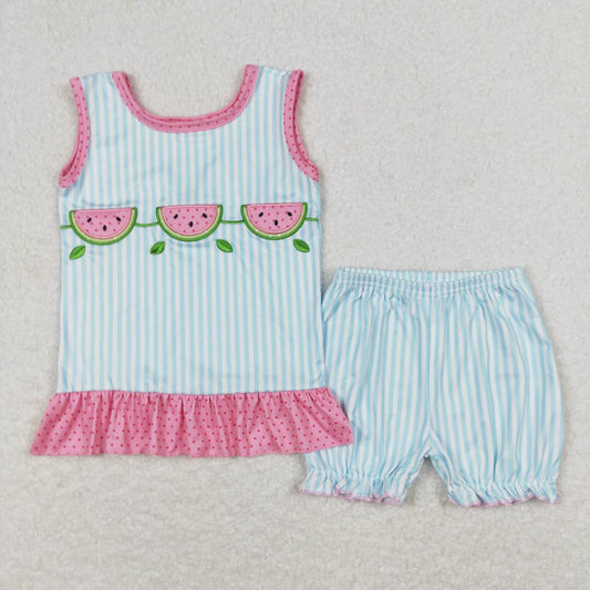 blue plaid watermelon embroidery Girls Set