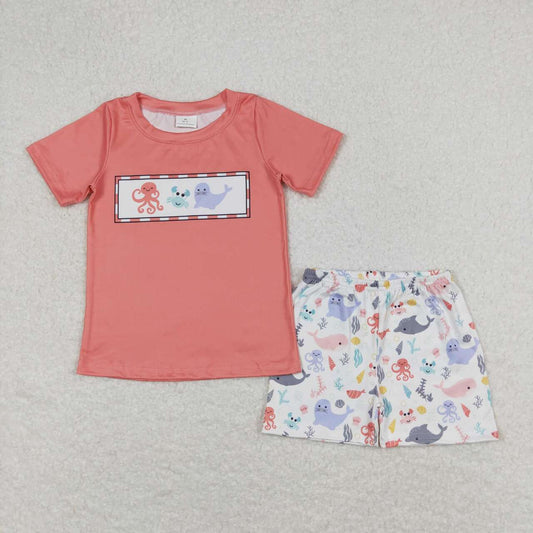 Coral octopus embroidery boy set