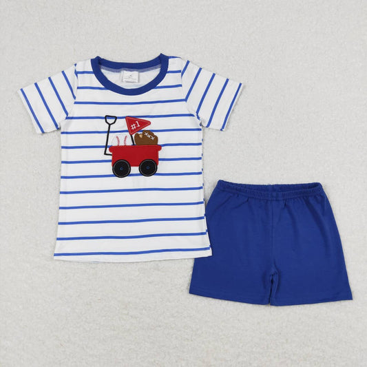blue stripe Embroidered car Boy Set