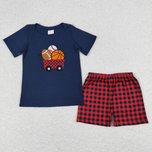 Navy Embroidered Baseball Plaid Boy Set
