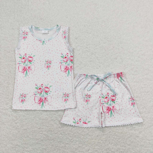 flower print sleeveless Summer Girls Suit